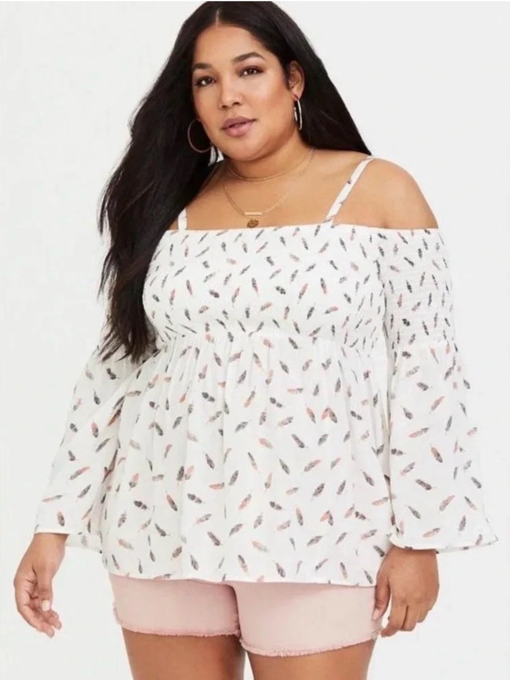 torrid White Feather Print Peasant Top